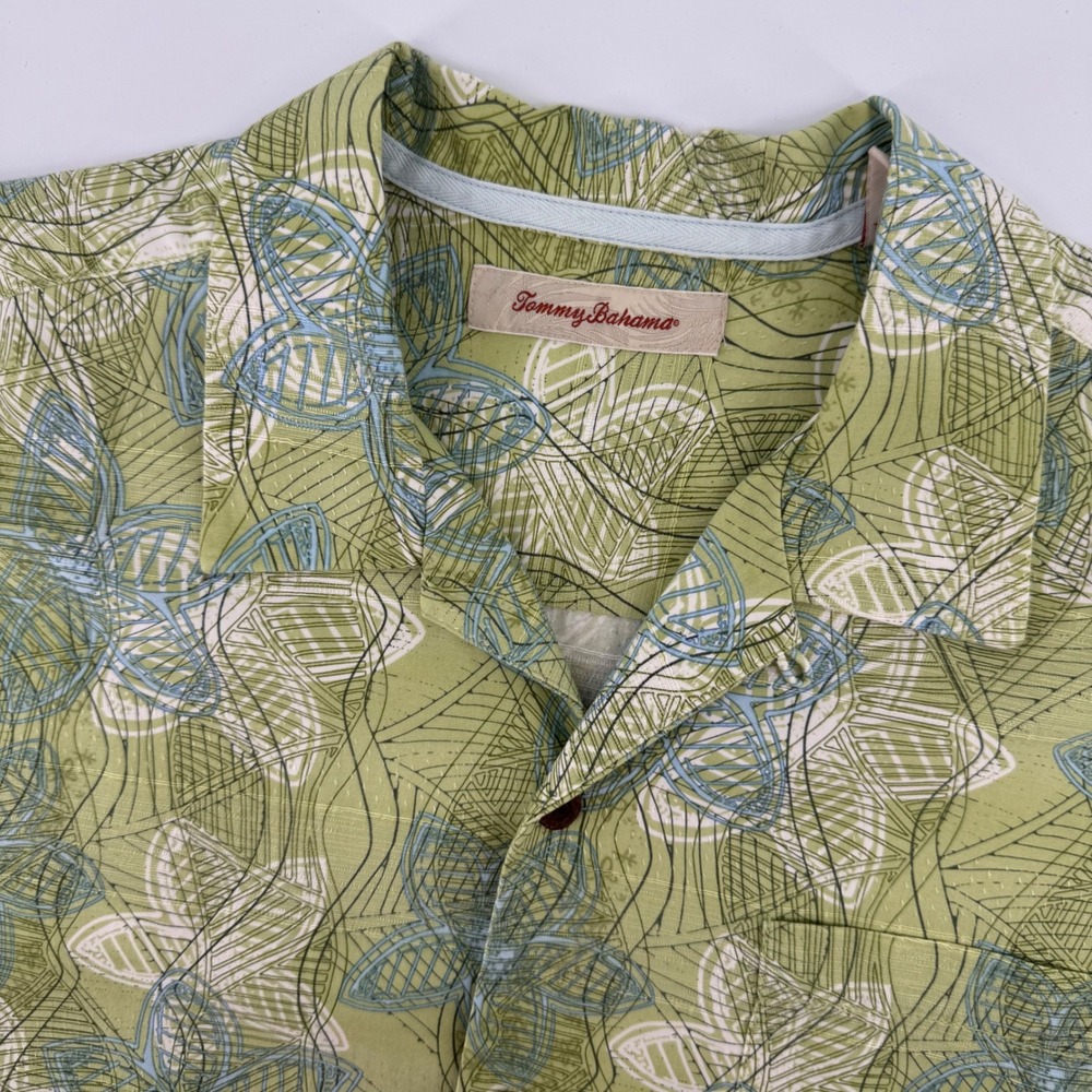 Tommy Bahama Shirt Men Large Green Abstract Floral Silk Blend Button Up Hawaiian